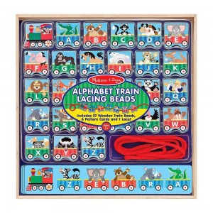 Black Friday | Melissa & Doug Alphabet Train Lacing Beads - 27 Wooden Train Beads, 6 Pattern Cards, and 1 Lace - Sale