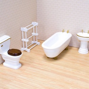 Black Friday | Melissa & Doug Classic Wooden Dollhouse Bathroom Furniture (4pc) - Tub, Sink, Toilet, Towel Rack - Sale