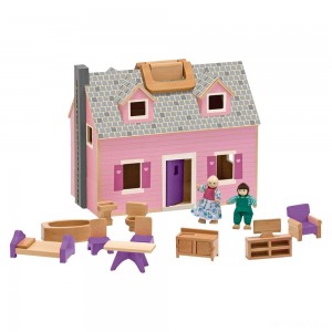 Black Friday | Melissa & Doug Fold and Go Wooden Dollhouse With 2 Dolls and Wooden Furniture - Sale