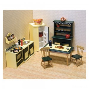 Black Friday | Melissa & Doug Classic Wooden Dollhouse Kitchen Furniture (7pc) - Buttery Yellow/Deep Green - Sale